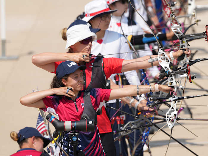 Jennifer Mucino-Fernandez (USA) competes in the archery ranking round during the Tokyo 2020 Olympic Summer Games at Yumenoshima Archery Field.